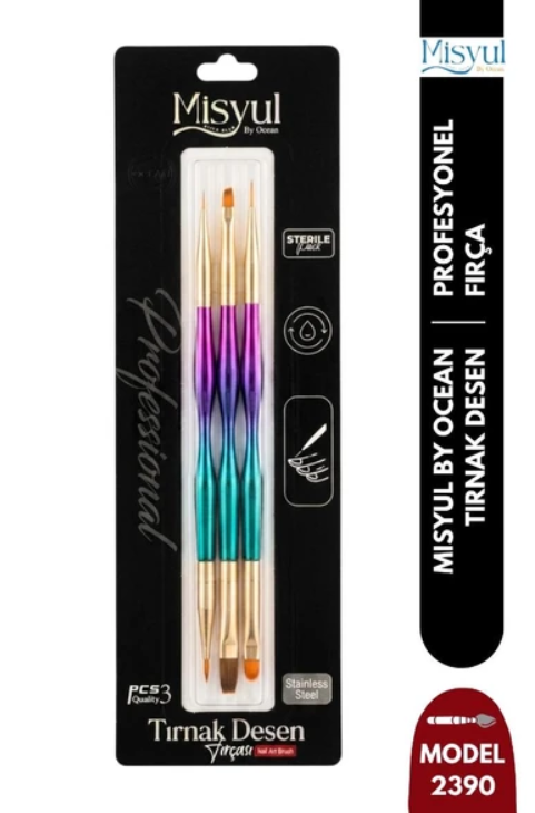 MİSYUL-MIS-2390 3'lü Çift Taraflı Jel ve Nail Art Fırça Seti – Gökkuşağı